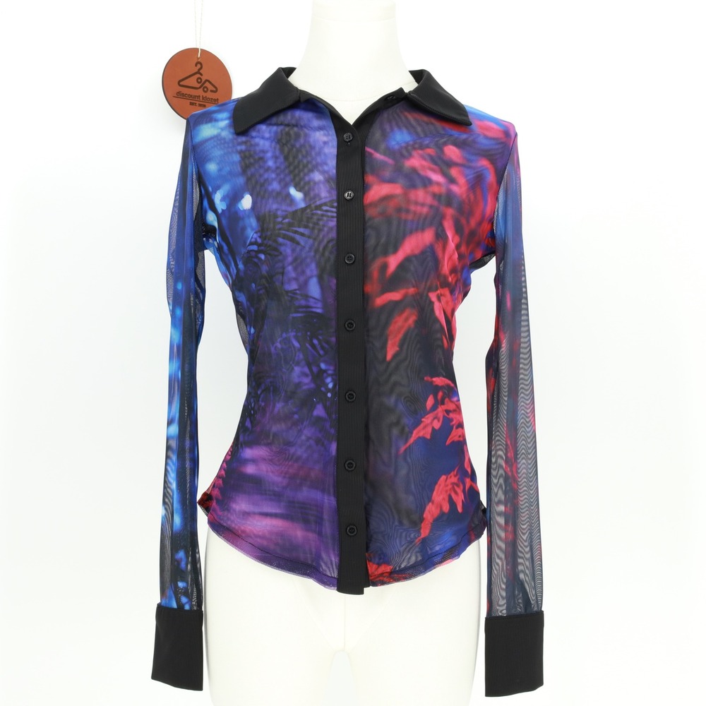 Desigual Mesh Abstract Tropical Print Button Down Collare Shirt XS Edgy Artsy